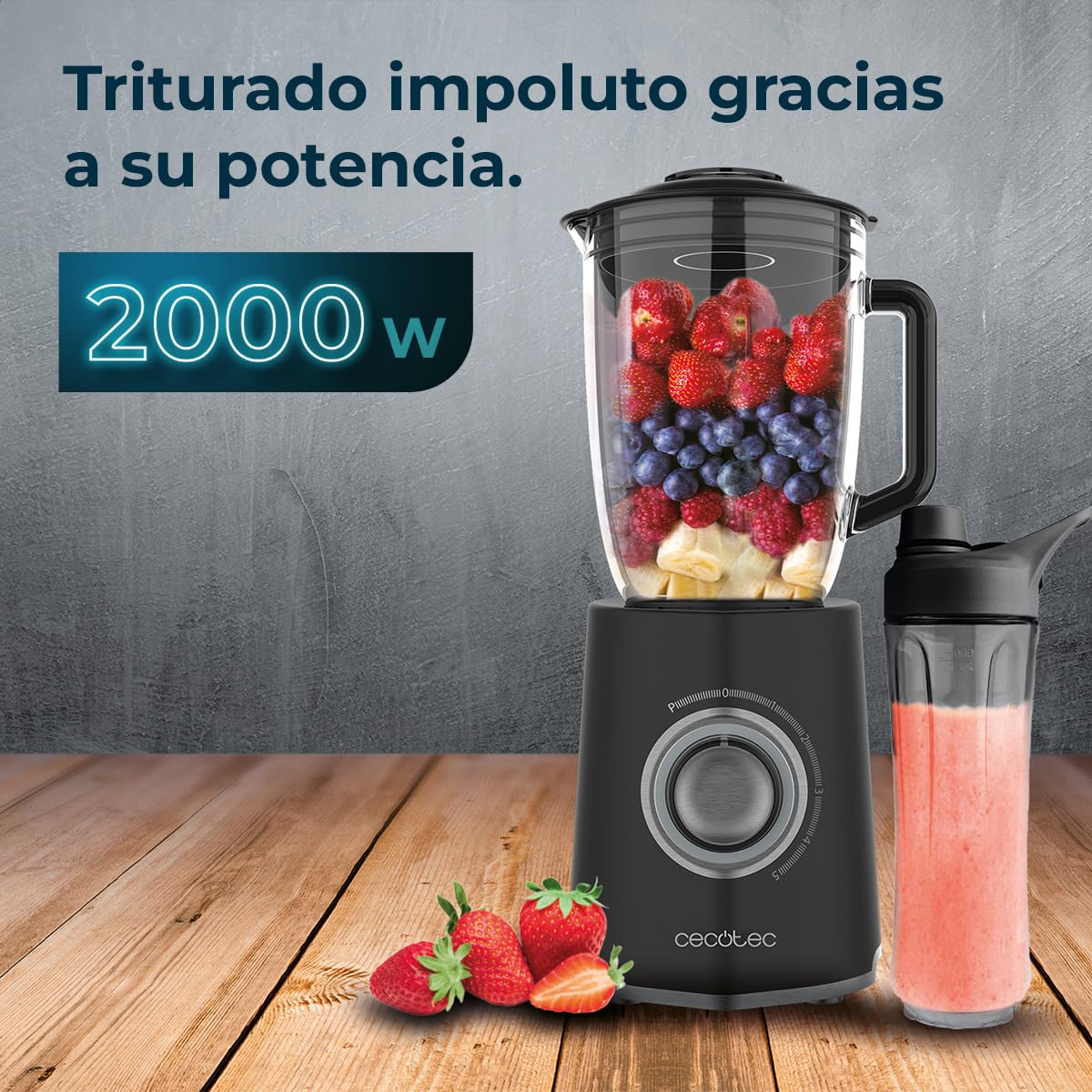 Cecotec Batidora de Vaso Power Black Titanium 2000MAX Mix Go. 2000W Potencia Máxima, Acacados en Acero Inoxidable, Cuchilla con Recubrimiento de Titanio Negro, Capacidad 1,5L - 3