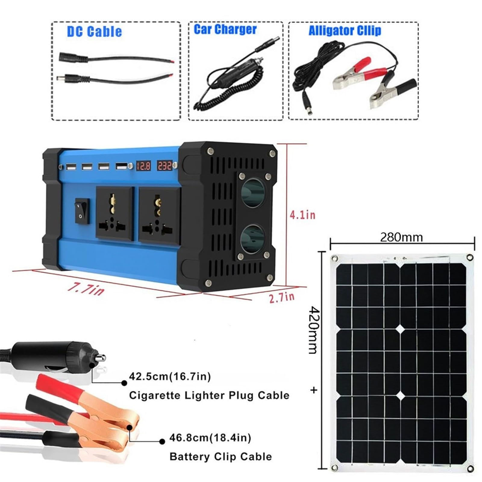 Kit pannello solare completo, system di pannelli solari | Controller 30a+Inverter 500w+Pannello 18w, 4 porte USB, doppia presa universale, doppio display digitale LCD