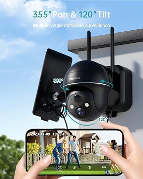ZUMIMALL Solar Security Cameras Wireless Outdoor with 360 PTZ, 2.4G WiFi Solar Powered Cameras for Home Security, Spotlight & Siren/PIR Detection/3MP Color Night Vision/2-Way Talk/IP66/Cloud