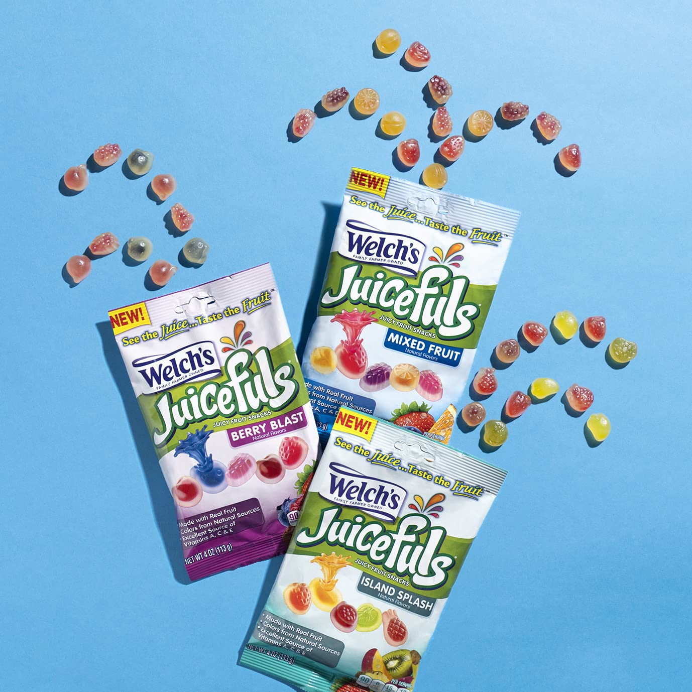 Welch's Juicefuls Juicy Fruit Snacks, Mixed Fruit, Berry Blast & Island Splash Fruit Gushers Variety Pack, Gluten Free, 4 oz Sharing Size Bags (Pack of 12)