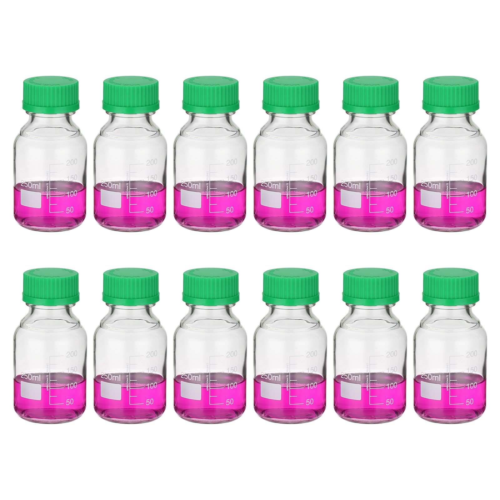 PATIKIL 12er Pack Reagenzglas Aufbewahrungsflaschen 250ml Borosilikatglas Graduierte Runde Flaschen Mit GL32 Grüner Schraubverschluss Für Labor Wasser Reagenzien Flüssigkeiten Klar