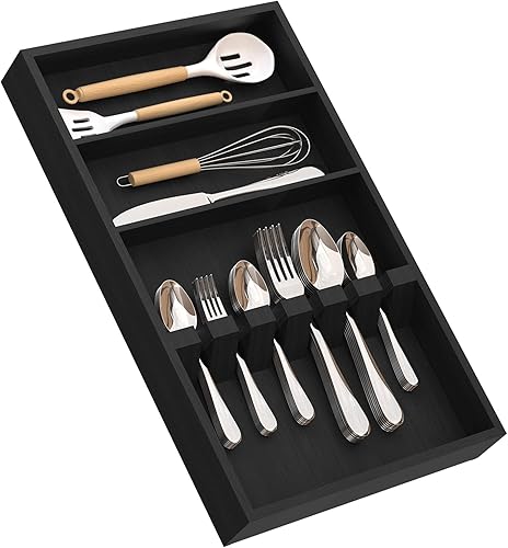 Miniatura 11 de Yofidra Organizador de cajones de cubiertos de bambú puro: 16.9 x 18.9 soporte grande extensible para utensilios de cubiertos, 5 compartimentos con