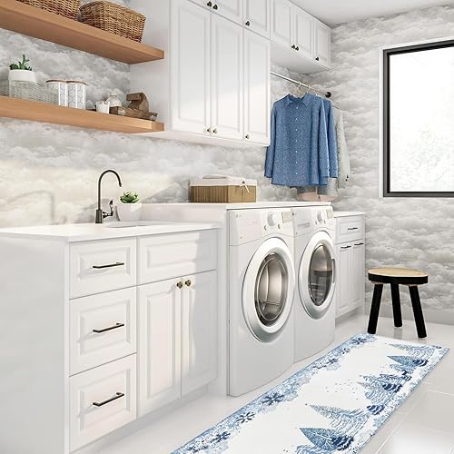 Miniatura 3 de Juego de 1 alfombra y tapetes de cocina de Navidad, diseño abstracto de copos de nieve, alce y arbor, tapete antideslizante para el hogar, comedor,