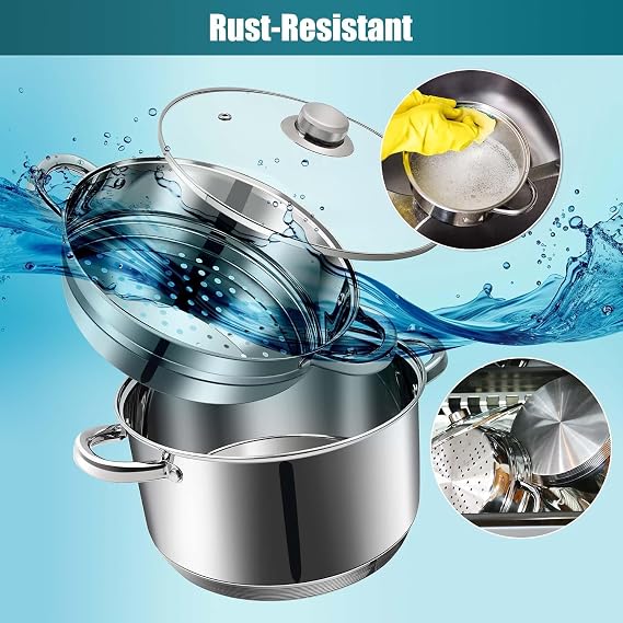 4 QT Stainless Steel Cookware Set, 3-Piece Multipurpose Stock Pot with Steamer Pot and Tempered Glass Lid, Stainless Steel Handle, Work with Gas Electric Induction Stove
