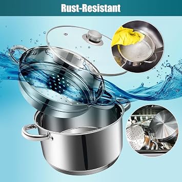 4 QT Stainless Steel Cookware Set, 3-Piece Multipurpose Stock Pot with Steamer Pot and Tempered Glass Lid, Stainless Steel Handle, Work with Gas Electric Induction Stove