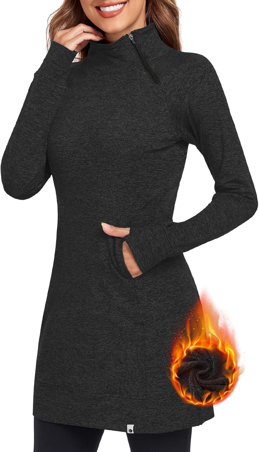 Soneven Women's Fleece Running Dress Tunic Sweatshirt 1/4 Zip Mock Neck Winter Dress with Thumb Holes and Pockets