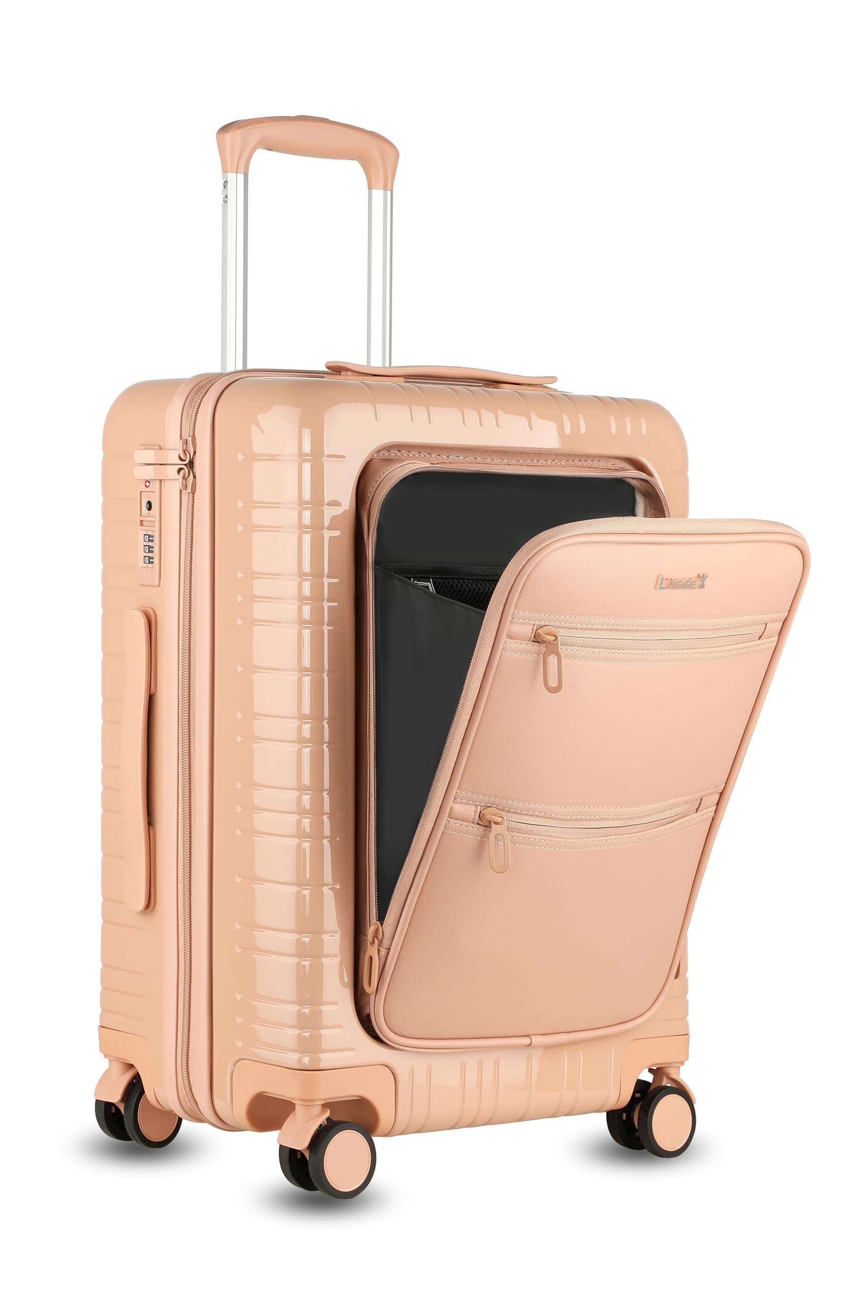 LUGGEX Carry On Luggage with Front Pocket, PC Hard Shell Suitcase with Spinner Wheels, Soft Front Flap with Multiple Pockets (Pink, 21 Inch)