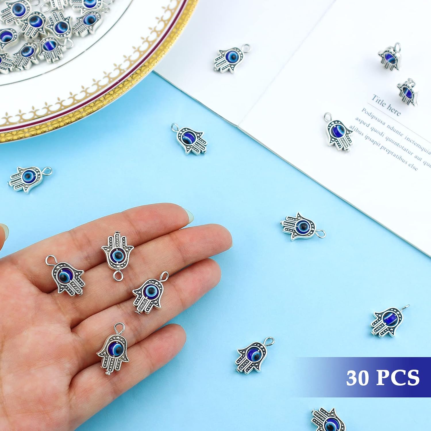 JIALEEY 30PCS Antique Silver Hamsa Hand Evil Eye Bead of Fatima Symbol Charms Hamsa Hand Beads Frame Charms for Jewelry Making Findings DIY Necklace Bracelet