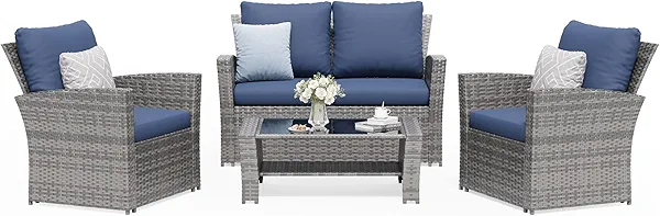 Amopatio 4 Piece Outdoor Wicker Patio Furniture Set, PE Rattan Sectional Sofa with Thick Cushions & Tempered Glass Table, Weather-Resistant Patio Conversation Sets for Balcony, Backyard, Blue