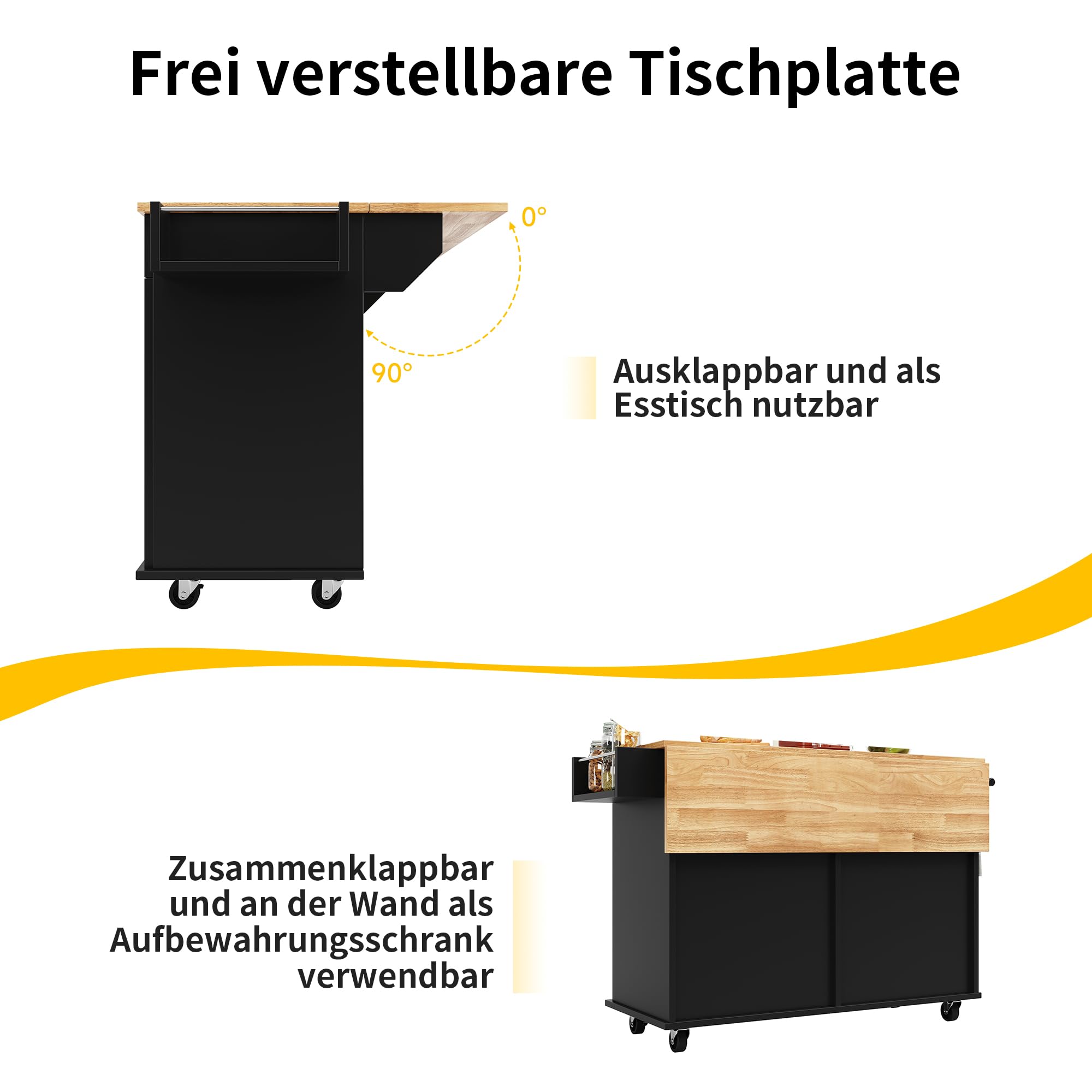 Kücheninsel 106×50×90.5cm mit Holzmaserung Multifunktionale Esstisch Schwarz