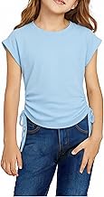 Arshiner Girls T-Shirts Extended Shoulder Kids Summer Top Cotton Round Neck Plain Short Sleeve Tshirts with Drawstring for Girl 6-14 Years