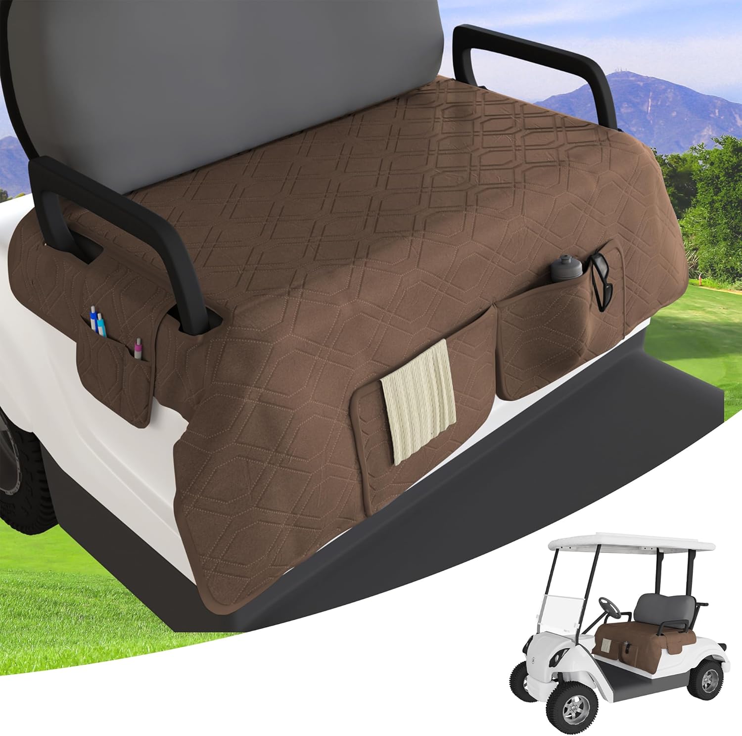 Golf Cart Seat Cover for Club Car, Waterproof, Washable, Breathable, Non-Slip Golf Cart Cover with 3 Pockets, for Golf Lovers, Chestnut
