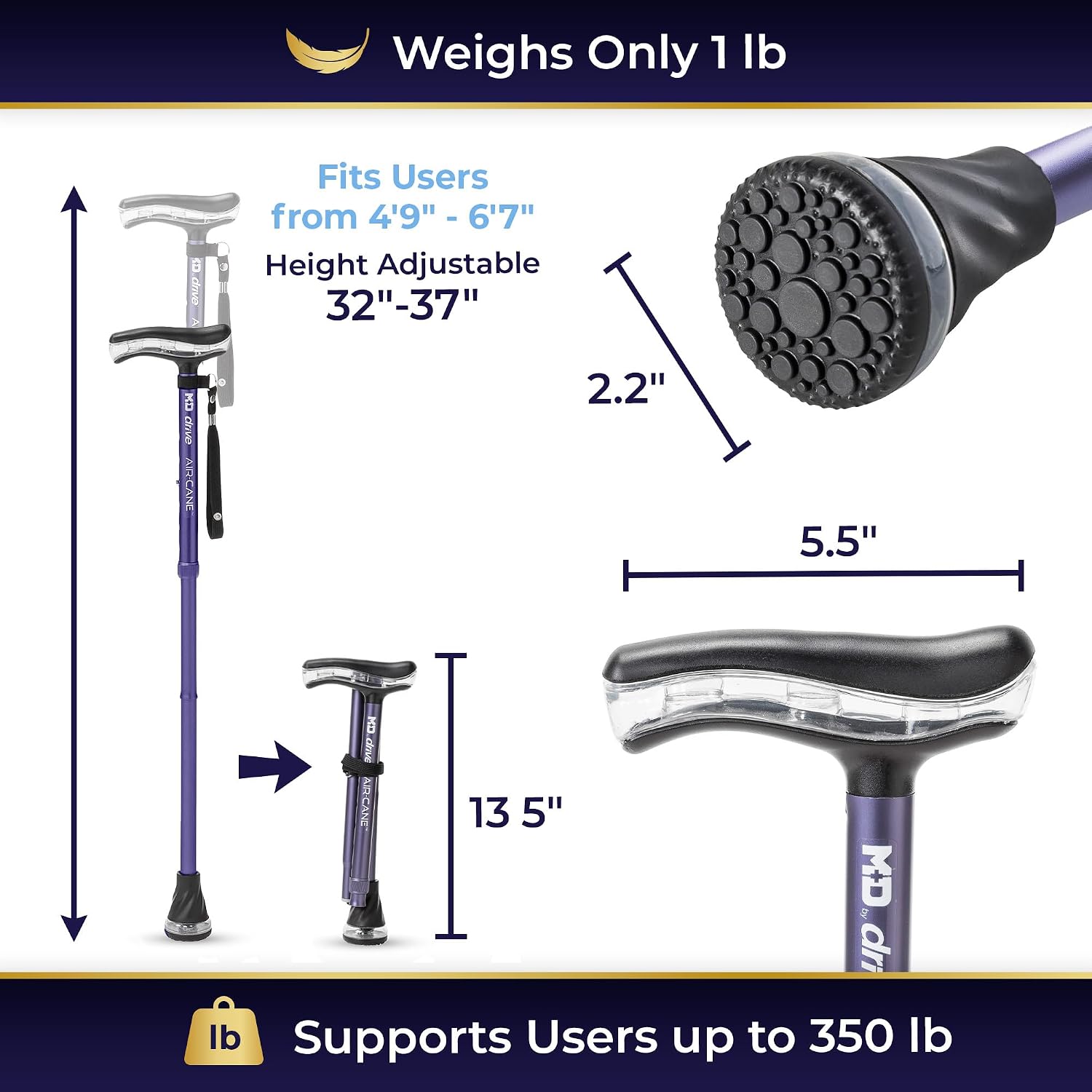 Air-Cane Walking Cane for Men and Women, Folding Canes with Airgonomic Grip, Adjustable Walking Stick, Adjustable Height 4'9"-6'7", 350 lb Capacity