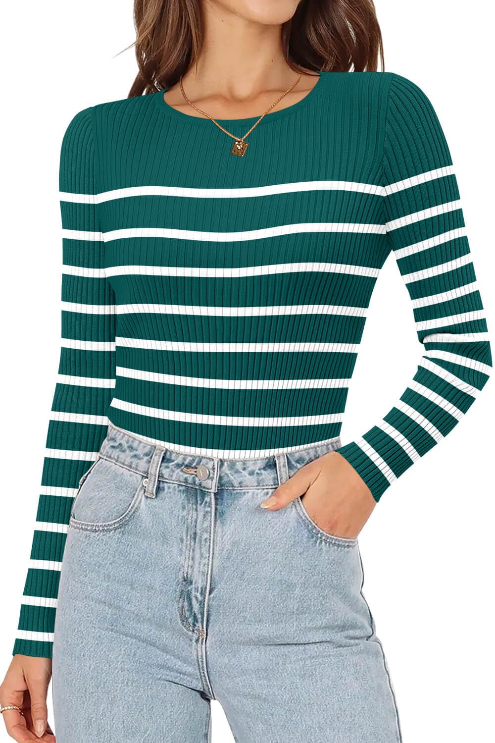 ONLYSHE Women's Casual Crewneck T Shirts Ribbed Knit Sweater Slim Fit Solid Basic Ladies Pullovers Fall Long Sleeve Tops