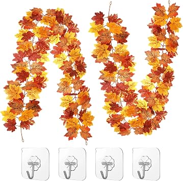2 Pack Artificial Autumn Maple Leaf Garlands,Autumn Garland, Autumn Home Decor,Decorations with Hooks Fall Decor Garland Decorations, for House Garden Wall Doorway Fireplace Autumn Decoration