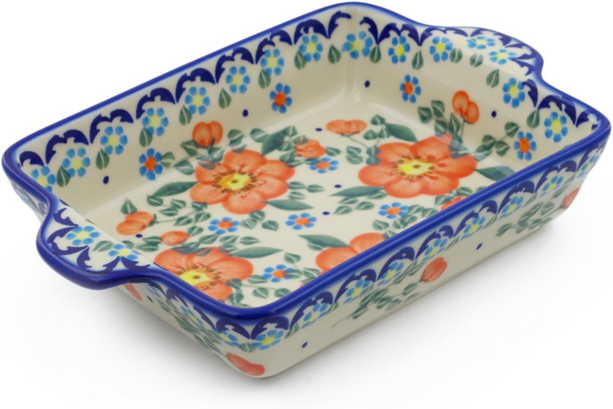 Polmedia Polish Pottery Rectangular Baker with Handles UNIKAT - Ring Of Flowers Pattern Handmade in Boleslawiec Poland by Ceramika Bona + Certificate of Authenticity
