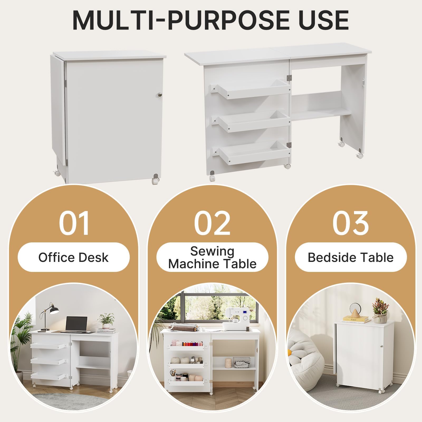 Mesa de costura plegable multiusos con 3 compartimentos de almacenamiento y estante, mesa de trabajo con ruedas para espacios pequeños