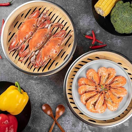 Miniatura 6 de Cesta para cocinar al vapor de bambú, con borde reforzado de acero inoxidable, cesta de vapor de 2 niveles de 25 cm, 50 forros, palillos, plato de