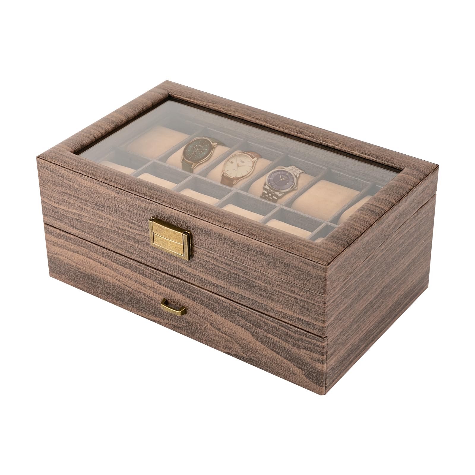 Caja de reloj con 24 compartimentos, caja de madera maciza, caja de reloj con tapa de cristal y cojín para reloj, caja de reloj premium para hombres y mujeres, cierre de metal, idea de regalo
