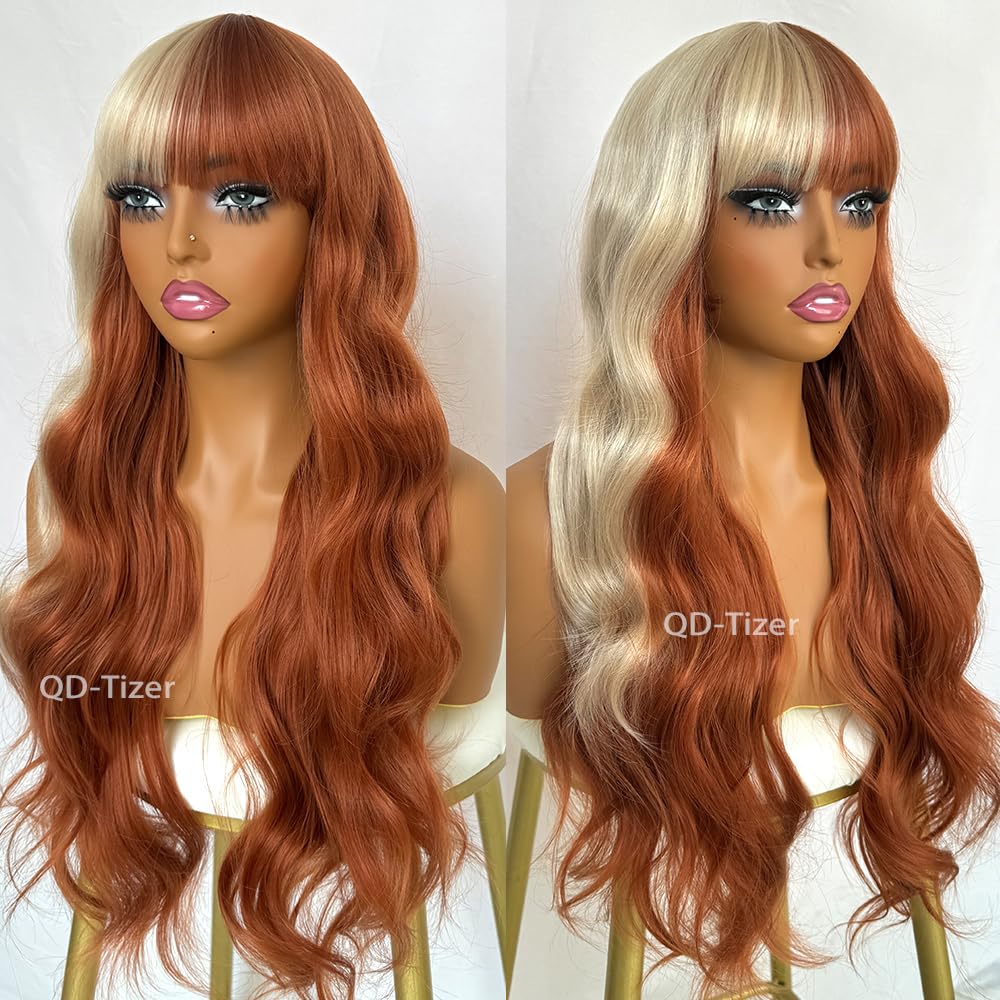 QD-Tizer Blonde and Copper Split Synthetic Hair Wig with Bangs Two Tone Hair Color Copper hair blonde highlights Long Wavy Curly Synthetic Wigs for Women Cosplay Party Wig Halloween Wigs - Image 4