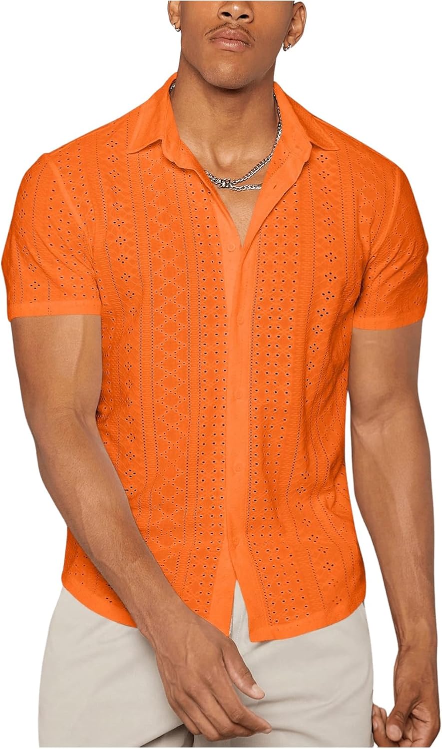 WDIRARA Men's Hollow Out Button Down Shirts Summer Collared Neck Short Sleeve Shirts - Image 4