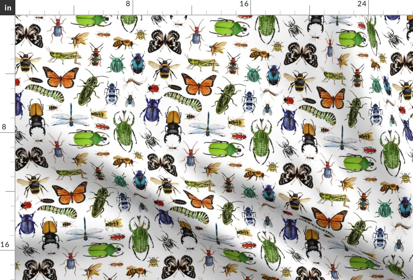 Spoonflower Fabric - Summer Bugs Insects Green Orange Blue Yellow Butterfly Ladybug Beetle Printed on Satin Fabric Fat Quarter - Sewing Lining Apparel Fashion Blankets Decor