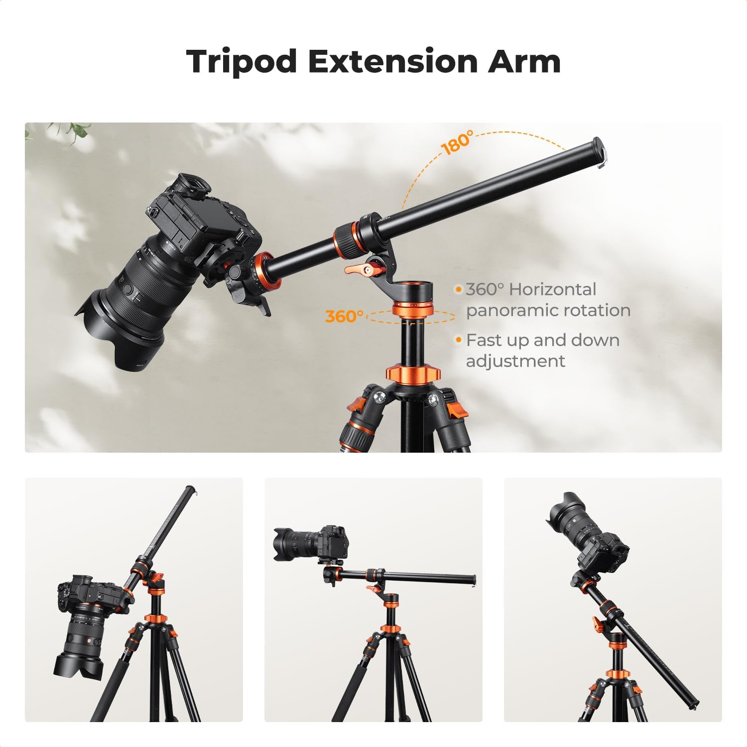 K&F Concept 16.1” Horizontal Tripod Center Column Arm, Aluminum Alloy 360° Rotatable & 180° Tilt for Overhead Macro Photography, D-Shaped Tube Anti-Twist, Load up to 11lbs