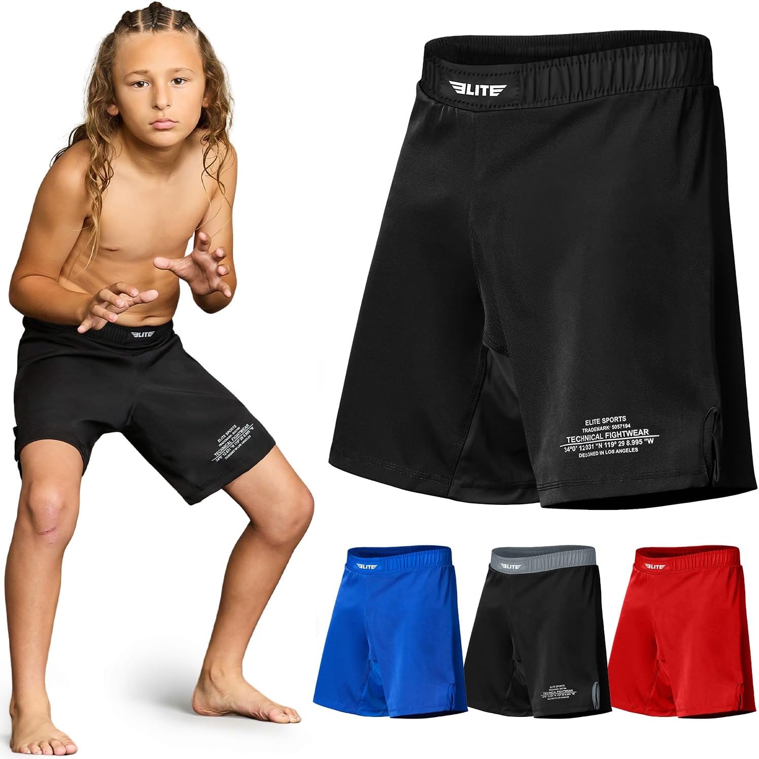Elite Sports Kids MMA BJJ No Gi Grappling Shorts, Boxing Trunks for Boys & Girls, Youth Jiu Jitsu Fight Training Shorts