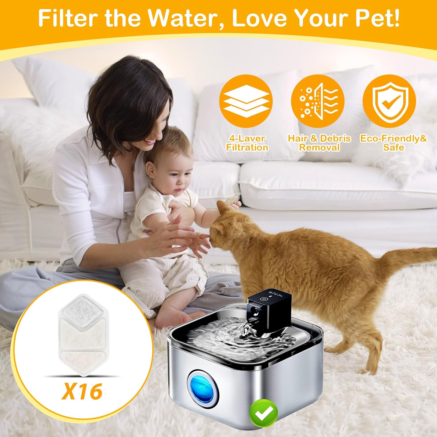 16+16 Pack Replacement Filters Compatible with Speedeer 135oz/4L cat water fountain ZTI0506, Multi-Layer Filtration System, Includes 16 Filters & 16 Sponges