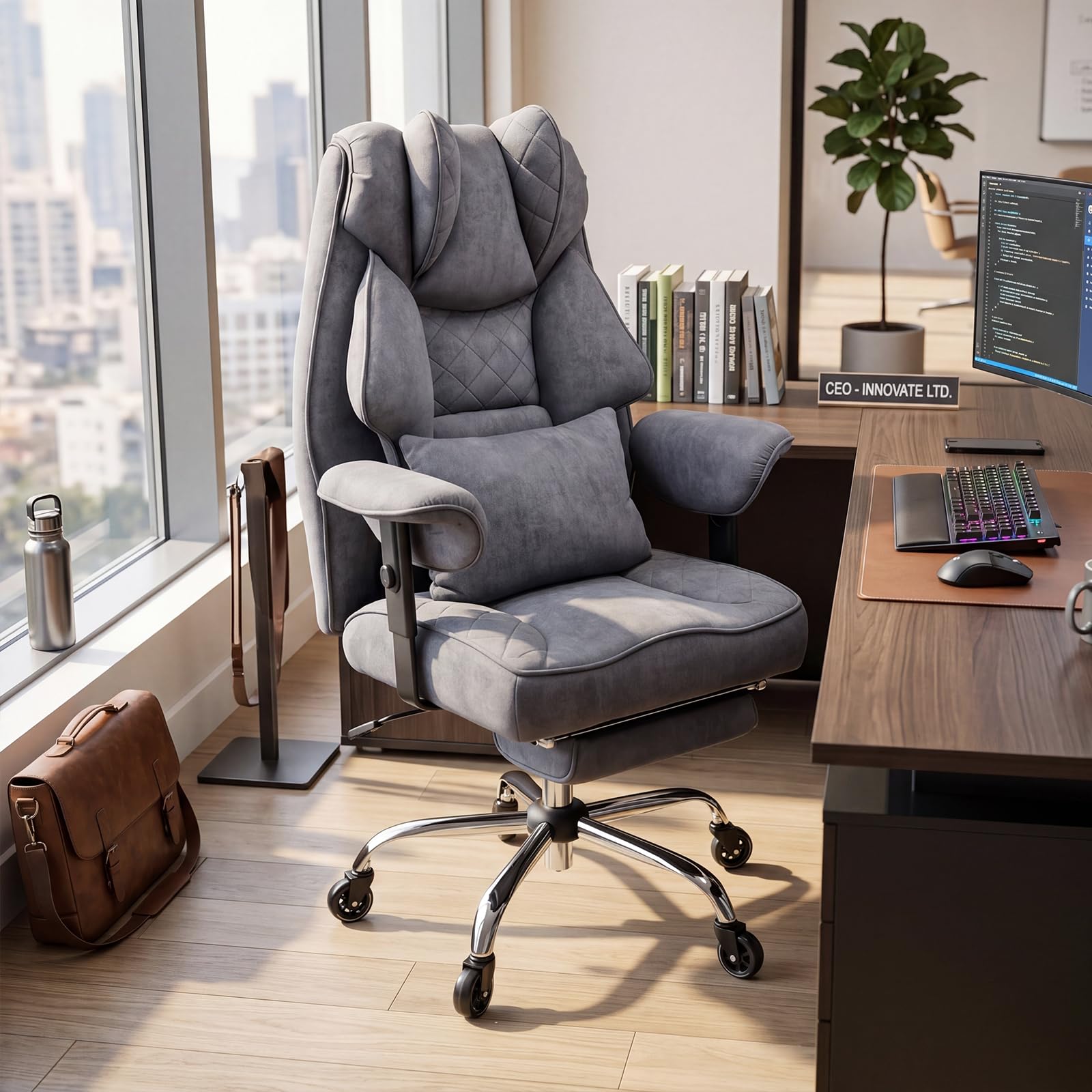 Ergonomischer Bürostuhl 200kg, XXL Chefsessel Fußstütze Homeoffice | XXL Schreibtischstuhl ergonomisch, 90–135° Rückenlehne, W-Form Sitzkissen, Lendenkissen, Wildlederimitat Grau