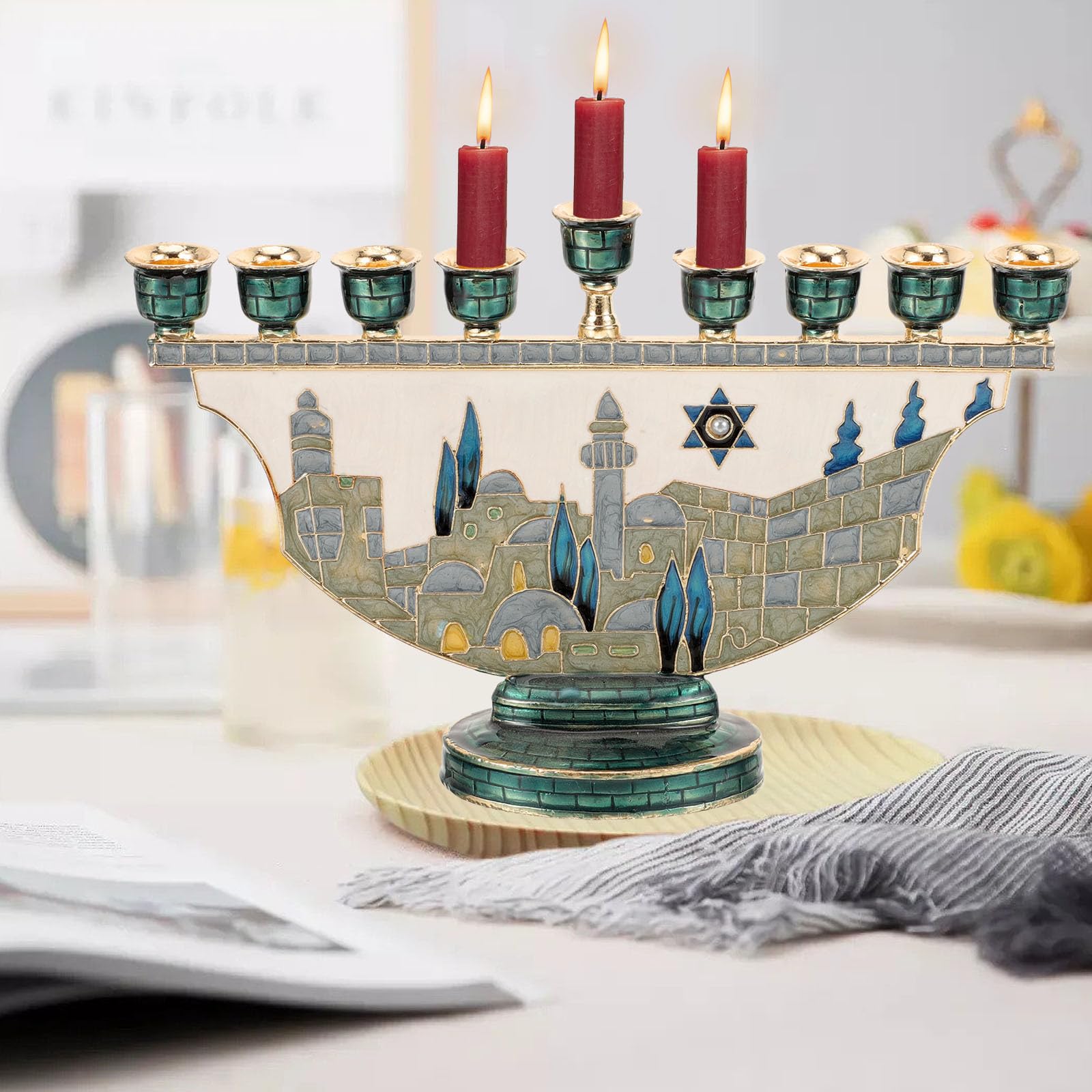 GLEAVI Candelabro de Chimenea Metálico Nueve Brazos para Velas Cónicas, Soporte para Decoraciones de Hanukkah y Eventos Familiares
