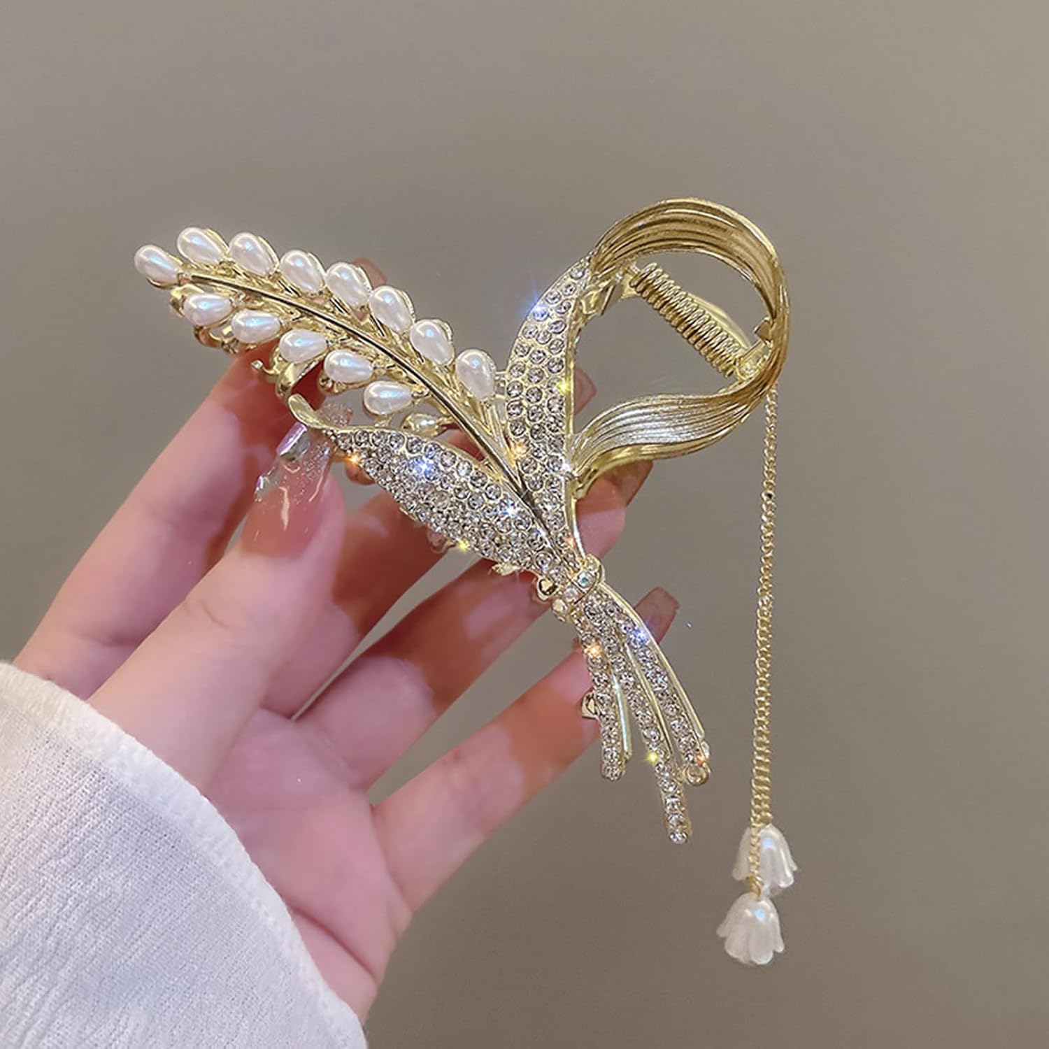Large Wheat Spike Hair Claw Clips for Women, Gold Pearl Rhinestone Flower Tassel Hair Clip, Elegant Metal Hair Claws for Thick Hair, Vintage Hair Accessories for Wedding Bridal Prom Party