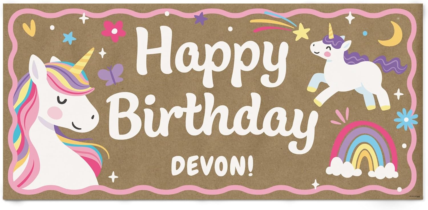 Big Dot of Happiness Personalized Unicorn Birthday Kraft Paper Banner, Magical Rainbow Unicorn Happy Birthday Party Banner, Custom Name Printed Brown Paper Party Sign Decoration – 1 Count