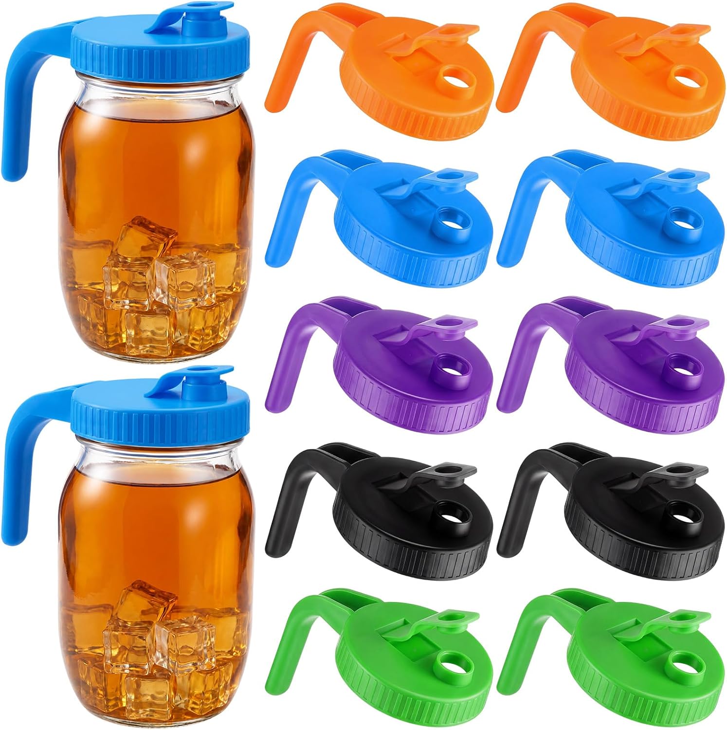 Dandat 10 Pcs Mason Jar Pour Spout Lids with Handle for Wide Mouth Mason Jars, Pitcher Lids Reusable Plastic Cap Lid Leak Proof Airtight Seal, Jar Not Included (Multicolor)