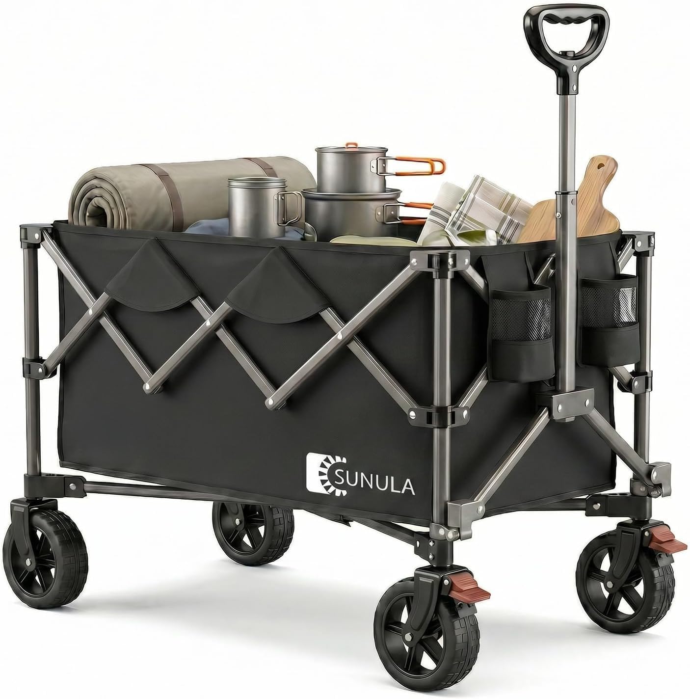 Sunula Festival Trolley with Brake - 250L Capacity & 330LB, Heavy Duty Folding Camping Wagon, All-Terrain Wheels, Patented 4-Way Folding, One-Click Adjustable Handle, Pull-Along Beach Cart - Black โ image 1