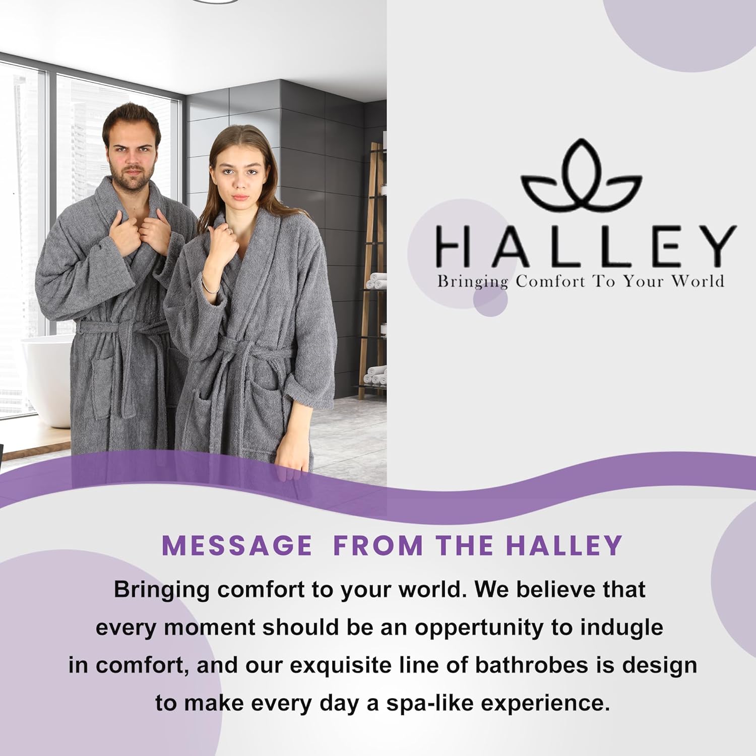 HALLEY Luxury Bathrobe for Women & Men, Shawl Collar Spa Bath Robes Terry Cotton Ultra Soft Shower Robe with Pockets