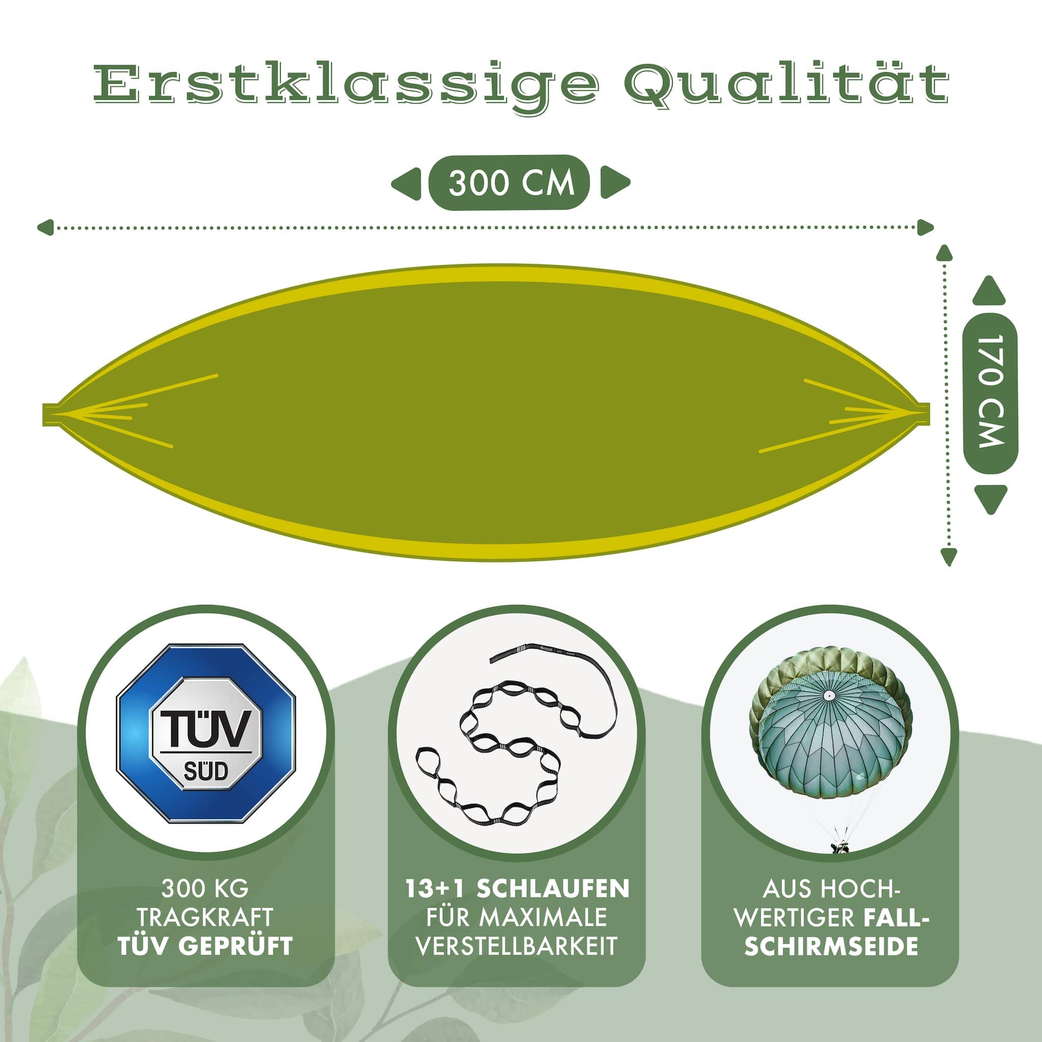 NATURBUMMLER Hängematte Outdoor [Tree Protec+] mit Baumschutz & Befestigung – 300x170cm für 1–2 Personen – Ultraleicht & wetterfest – doppellagige Camping Hängematte für Outdoor Garten (Naturgrün)
