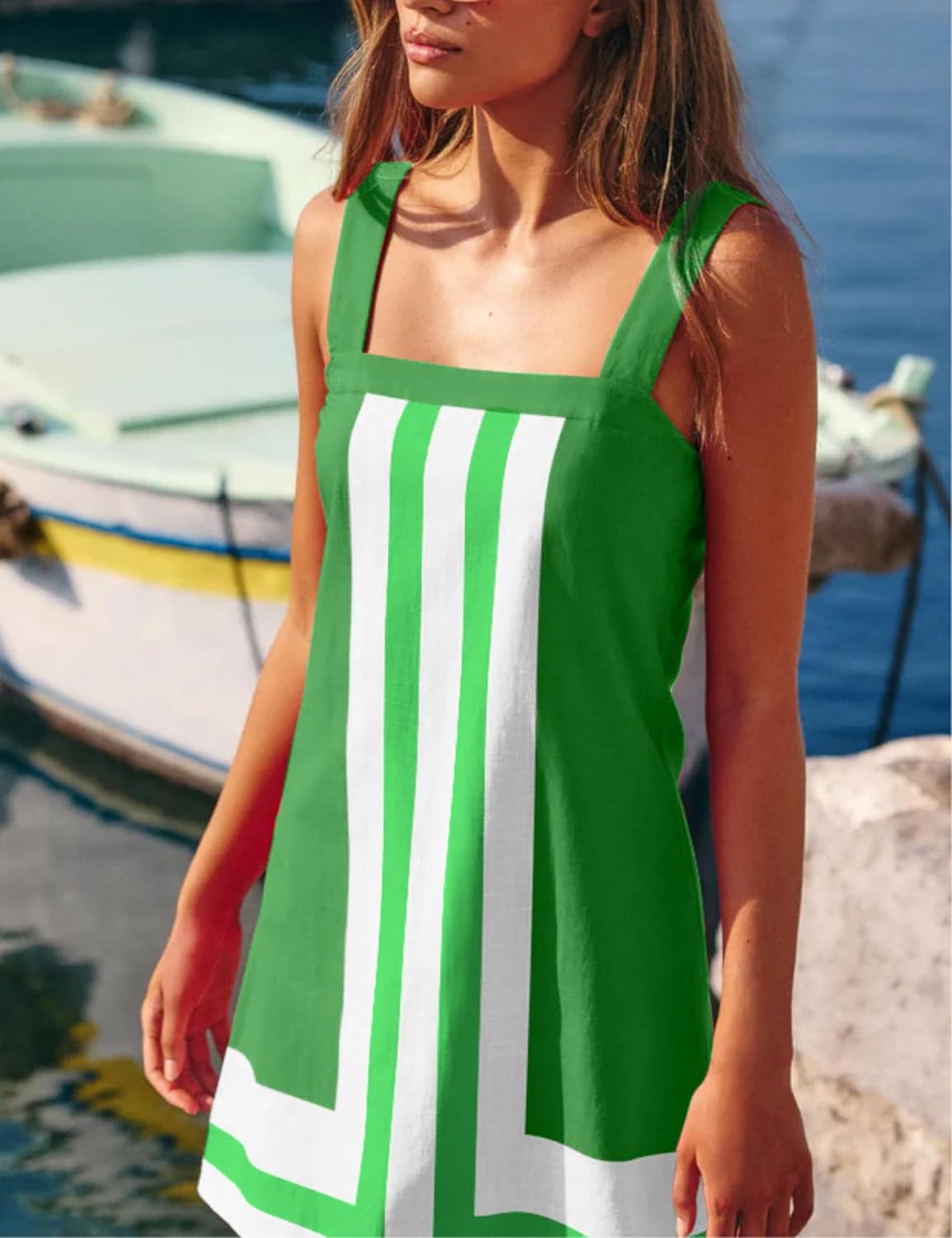 Womens Summer Casual Color Blocked Dresses Striped Mini Dress Sleeveless Strap Beach Sundress Cover Up Dresses - Image 2