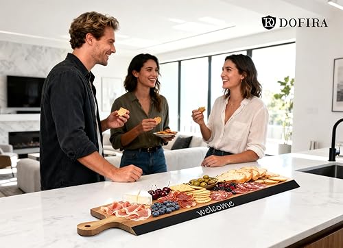 Miniatura 2 de Tabla de embutidos de acacia de 32 pulgadas con asa, plato extra largo con borde de pizarra para queso, carne y aperitivos, tabla de cocina grande