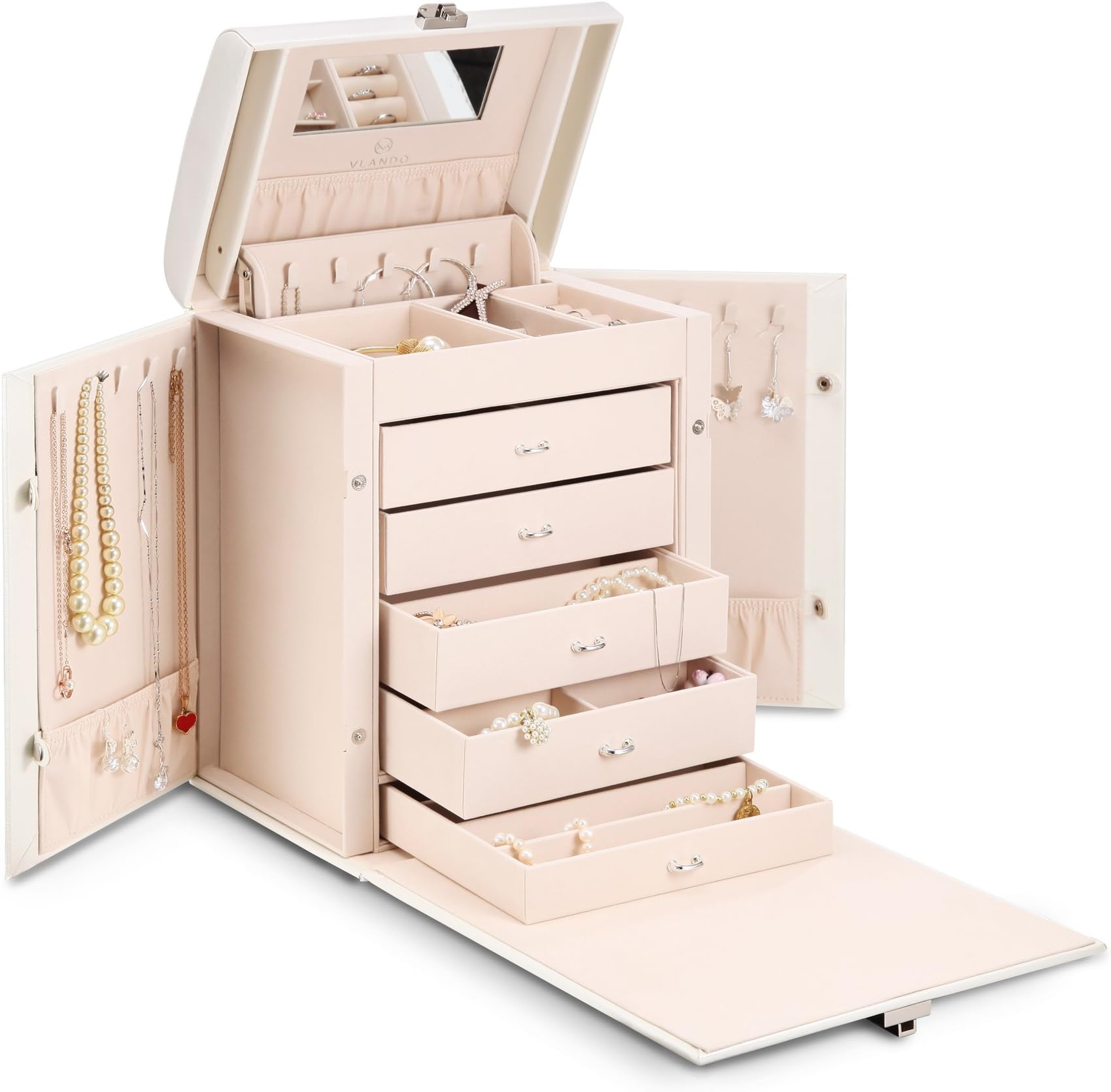 Vlando Deluxe Large Jewelry Box Storage Organizer, Fabulous Wedding Gift for Bride (White)