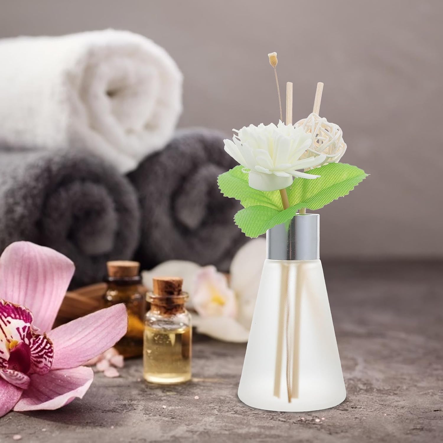3pcs Glass Aroma Diffuser Bottle with Rattan Sticks and Dried Flowers, Ocean Scent Reed Diffuser Set for Bathroom and Office Home Fragrance