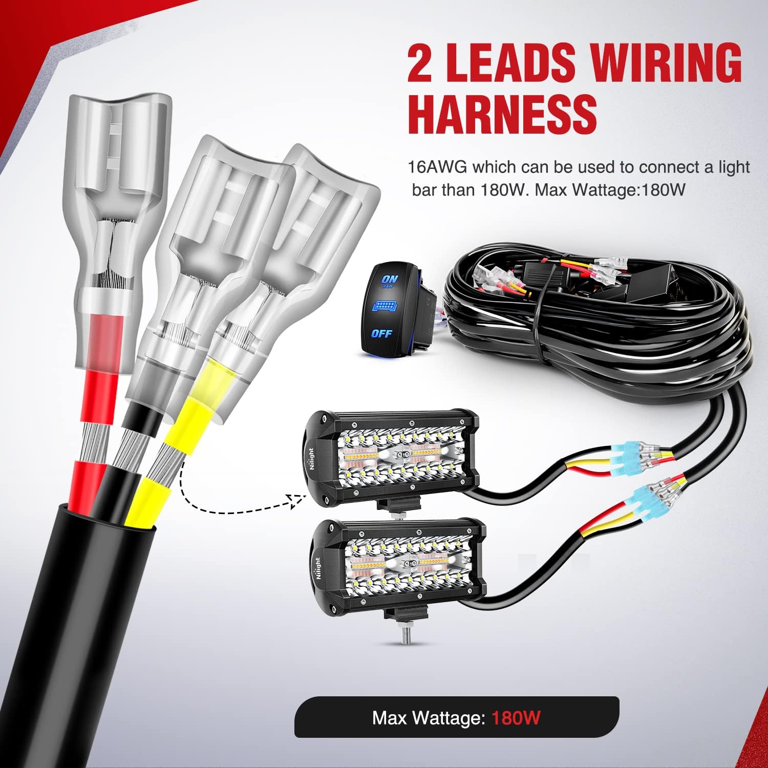 Nilight 16AWG Strobe Light Wiring Harness Kit 2 Leads Customized for 6 Modes Amber White Strobe Lights LED Work 12V 40A On Off 8 Pin Switch Modes Changing Memory Reset Function