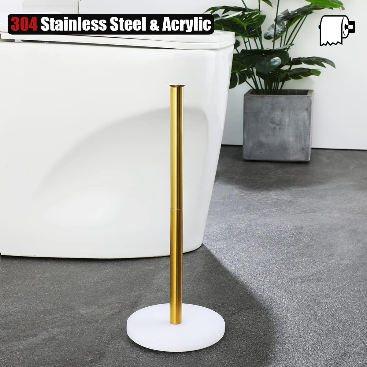 JQK Toilet Paper Storage Stand White Gold, 304 Stainless Steel Tissue Reserve Holder Dispenser for Bathroom, Brushed Gold, TPS180-WG