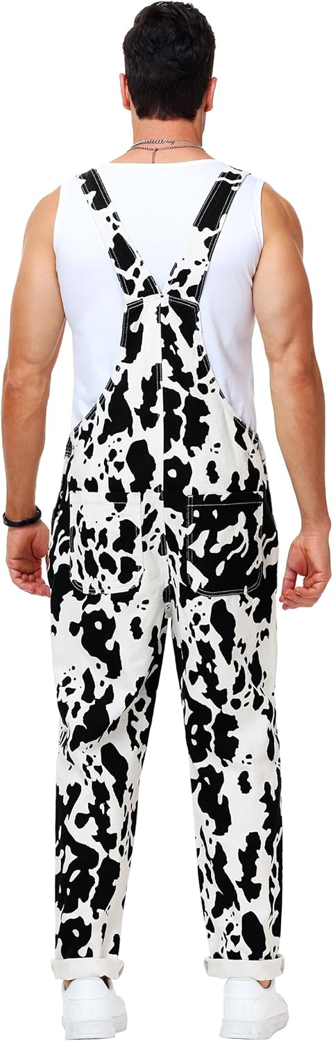 AOBUTE Mens Denim Bibs Overalls Pants Animal Cow Print Work Casual Jumpsuit