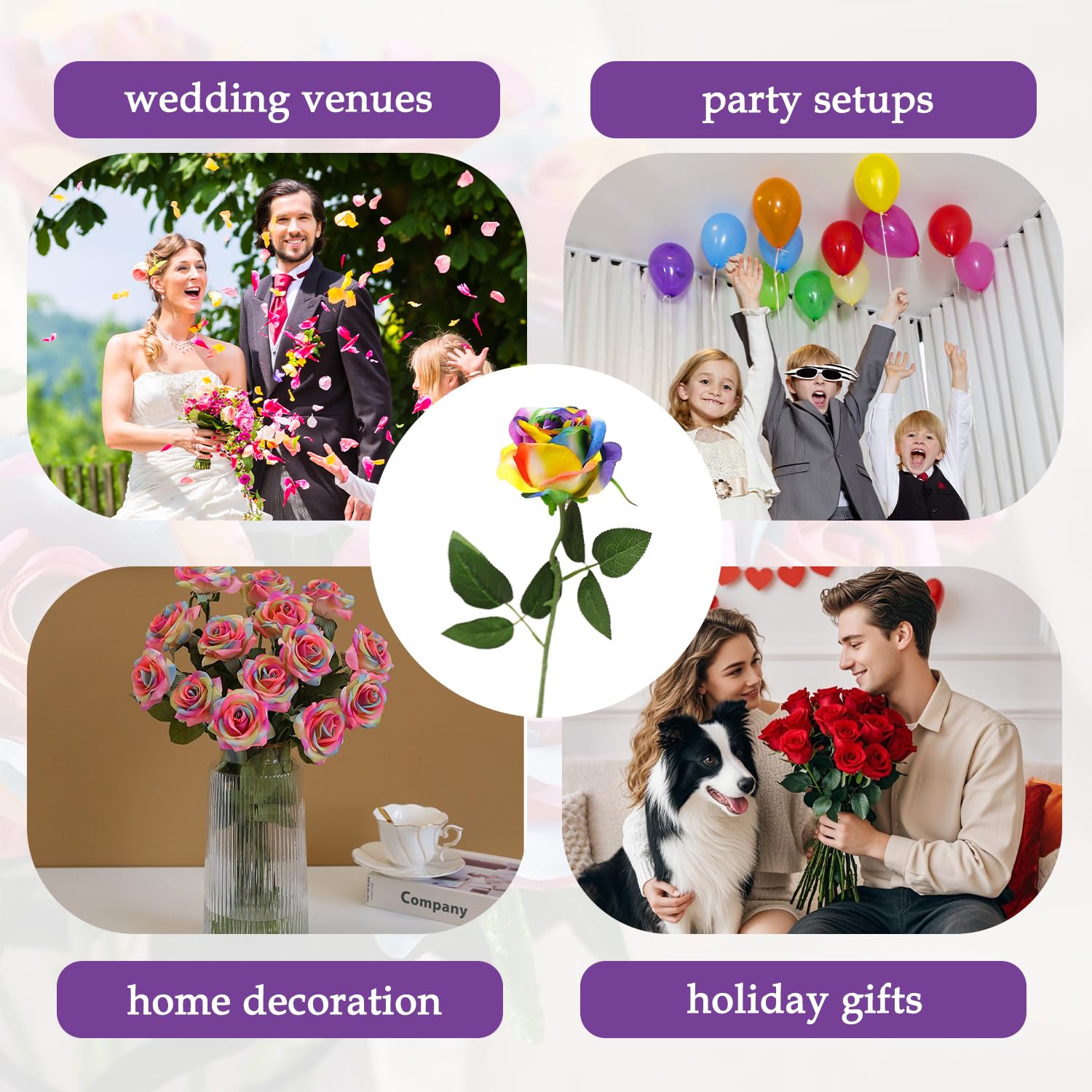 Set Di 37 Fiori Artificiali Arcobaleno In Seta Con Steli - Fiori Finti Per Matrimoni, Composizioni E Decorazione Casa - 2