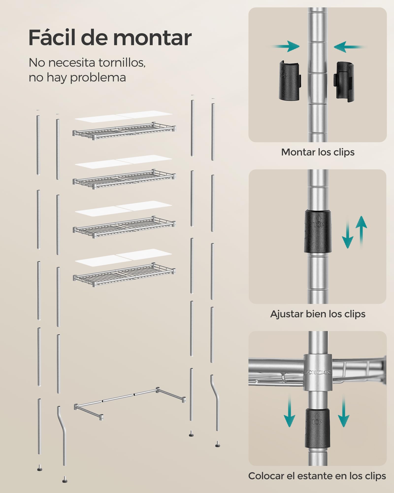 SONGMICS Estantería de Inodoro de 4 Estantes, de Metal | Estantes Ajustables, con 4 Ganchos y Portarrollos, para el Baño, 30 x 63 x 176 cm, Gris Paloma, Colección DALTEN BTS013G01