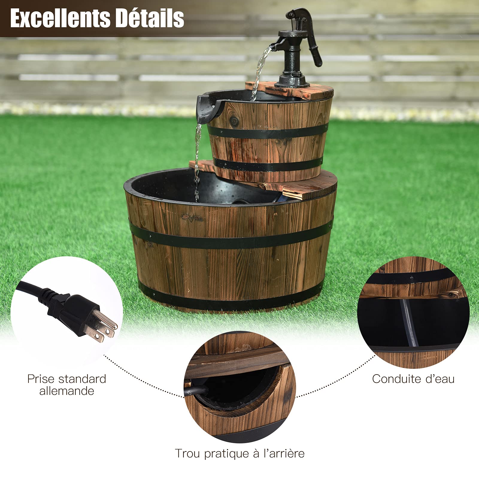 GOPLUS Fontaine à Eau à 2 Couches en Sapin Carbonisé, Écoulement d’Eau Ajustable, Fontaine Extérieure avec Pompe Manuelle Décorative, Idéal pour Jardin ou Cour, Marron Foncé