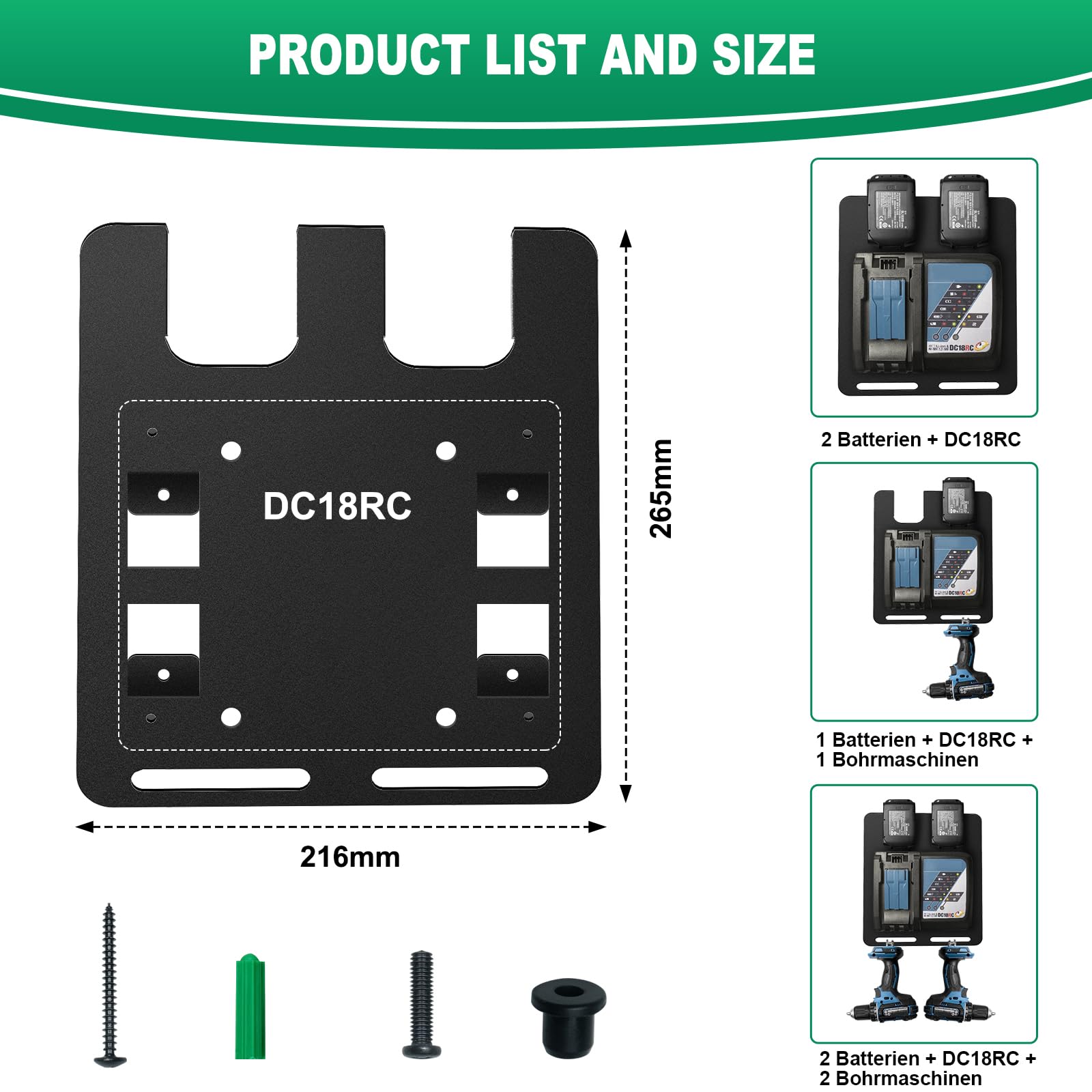 Riuog Wall Mount for Makita Batteries and Chargers,for Makita DC18RC Charger,for Makita 18V 14.4V Battery, Stable 2 Battery Holder and Charger Holder, Suitable for Workshop and Garage