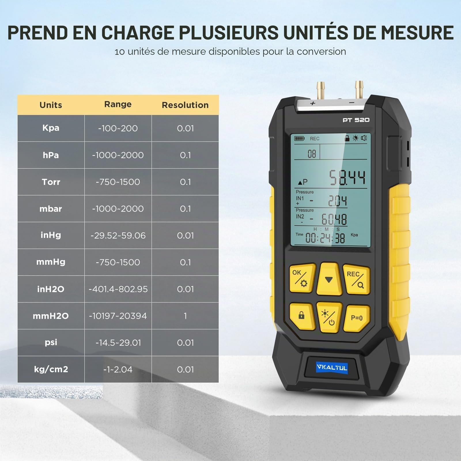 Manomètre numérique PT520,Manomètre à eau,Manomètre à air comprimé à haute précision, 10 valeurs de mesure, 29 mémoires de données, plusieurs adaptateurs de mesure, -1000~2000mbar, -100~200Kpa