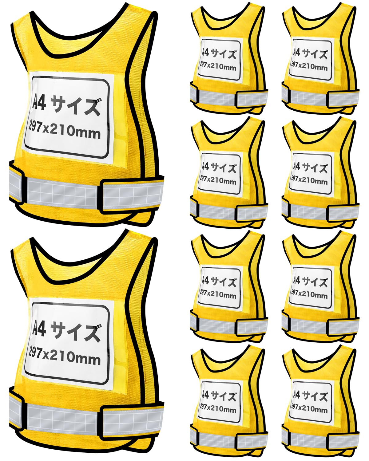 [olnamo] 差し込みベスト 差し込みゼッケン 反射 メッシュ マジックテープ A4用紙 安全 反射材 速乾性 イベント用 職務表示 ビブス 胴囲最大120cm 調整ベルト 用紙はプリンターで自作可 (10 枚セット, イエロー)